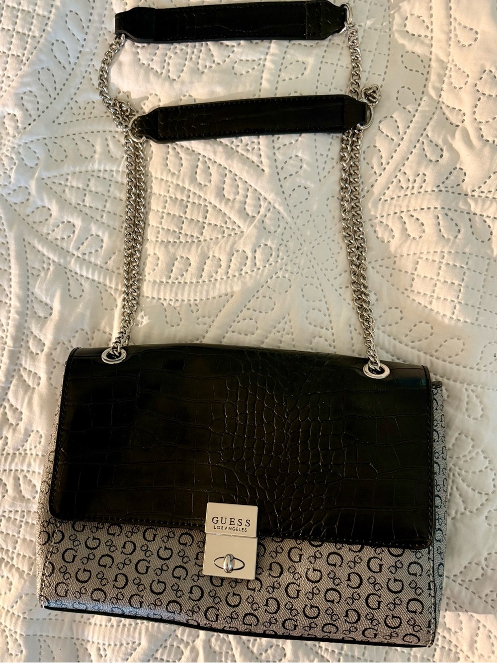 GUESS Black Croc-Embossed and Monogram Chain Shoulder Bag